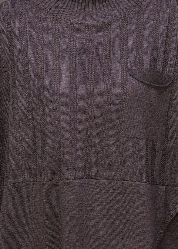 Dark Coffee Colour Asymmetrical Knit Sweaters and Pants Two Piece Set Fall