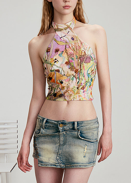 Stylish Halter Print Cotton Tank Top Sleeveless