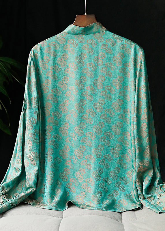 Peacock Green Mandarin Collar Button Jacquard Shirt Tops Long Sleeve
