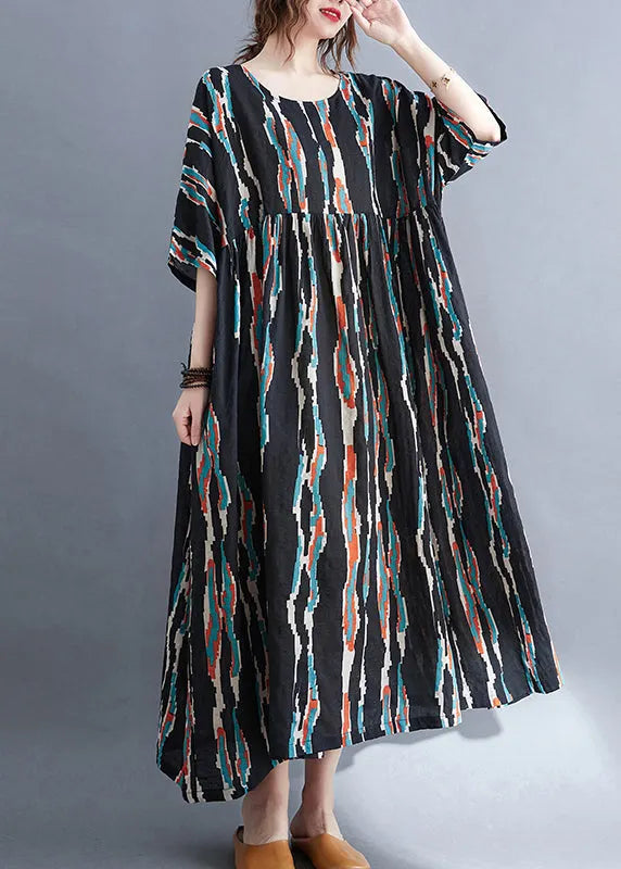 Black O-neck Print Long Dresses Half Sleeve