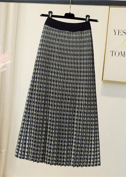 Natural Black Plaid Knit Pleated Skirt Spring