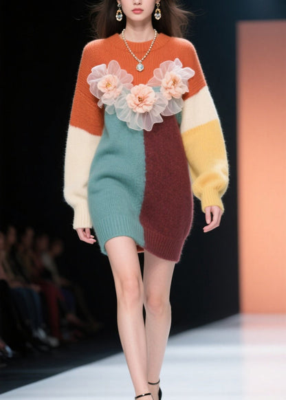 Classy Colorblock O Neck Knit Long Sweater Winter