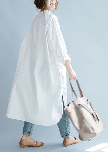Fine White Pockets Button Side Open Fall Shirt Long Sleeve