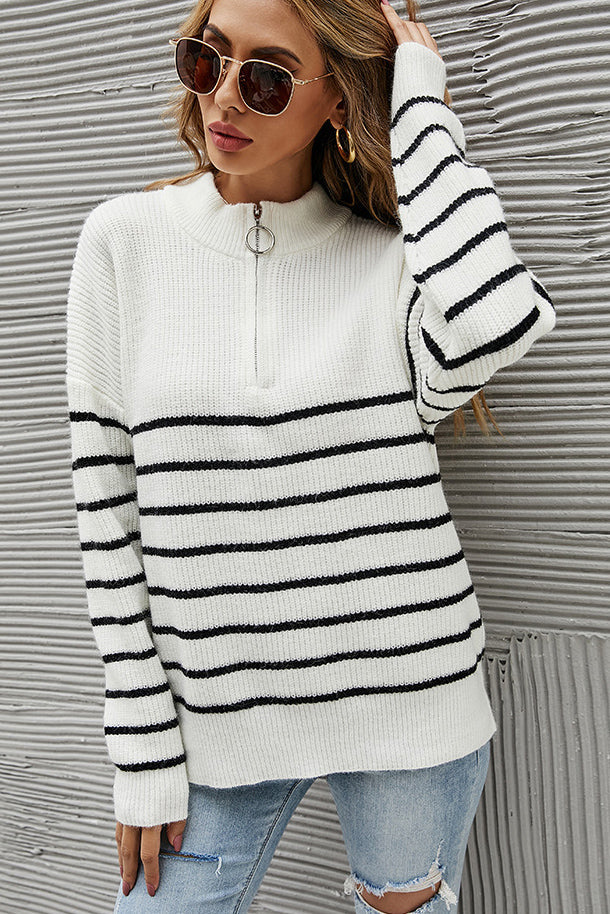 Striped Colorblock High Neck Zip Sweater