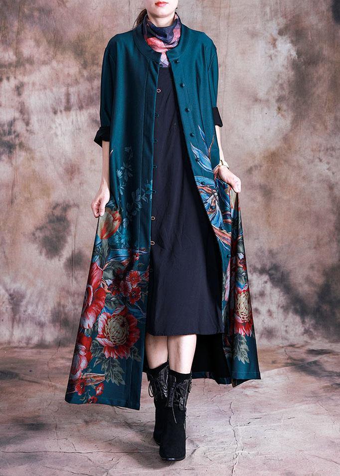 Green Print Coat Loose Fitting Long Fall Coats Button Down