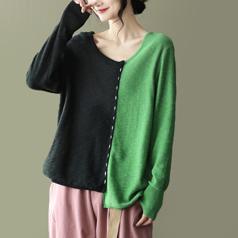 New Literary Retro Color Matching Knitted Top