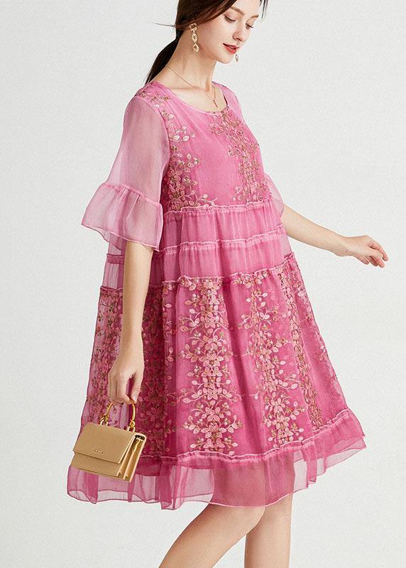Rose Embroidered Patchwork Summer Dresses Half Sleeve