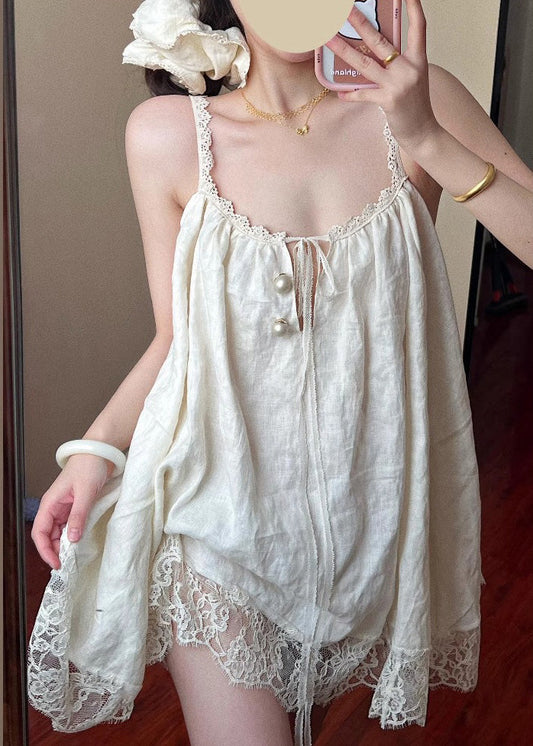 Beige Oversized Patchwork Lace Mini Dress Summer