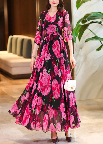 Rose V Neck Print Chiffon Maxi Dresses Summer
