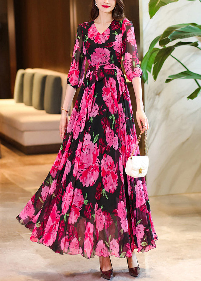 Rose V Neck Print Chiffon Maxi Dresses Summer