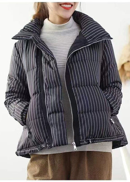 Red Striped Stand Collar Zippered Winter Chiffon Puffers Jackets