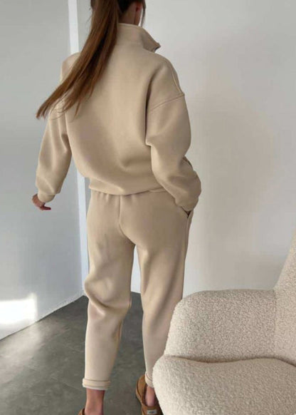Apricot Stand Collar Button Tops and Pants Two Pieces Set Fall