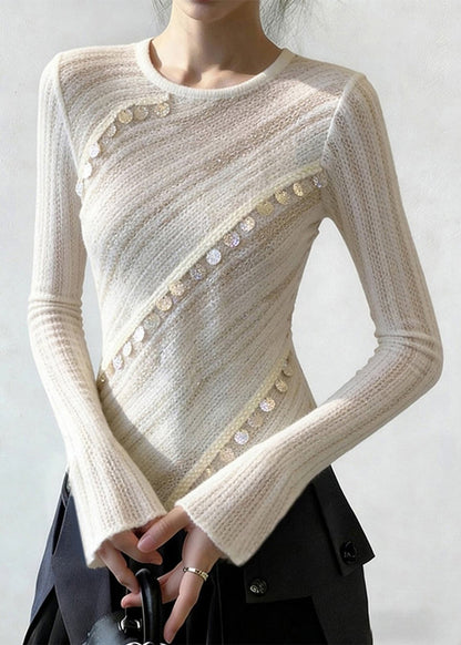White Asymmetrical Sequins Patchwork Thin Knit Top Spring