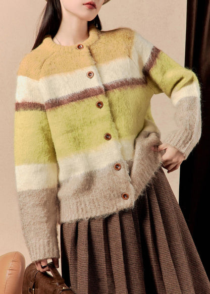 Yellow Striped Button Patchwork Cotton Knit Sweaters Winter