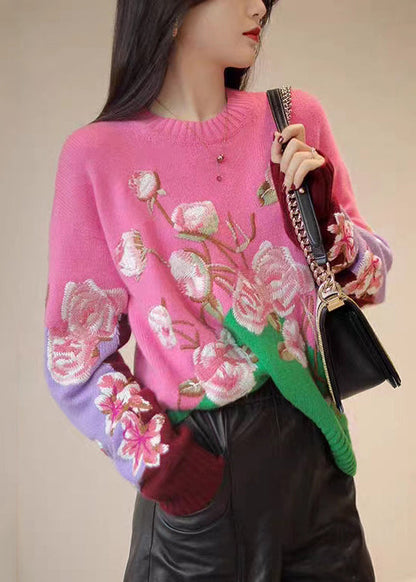 Apricot O-neck Embroidered Patchwork Woolen Top Fall