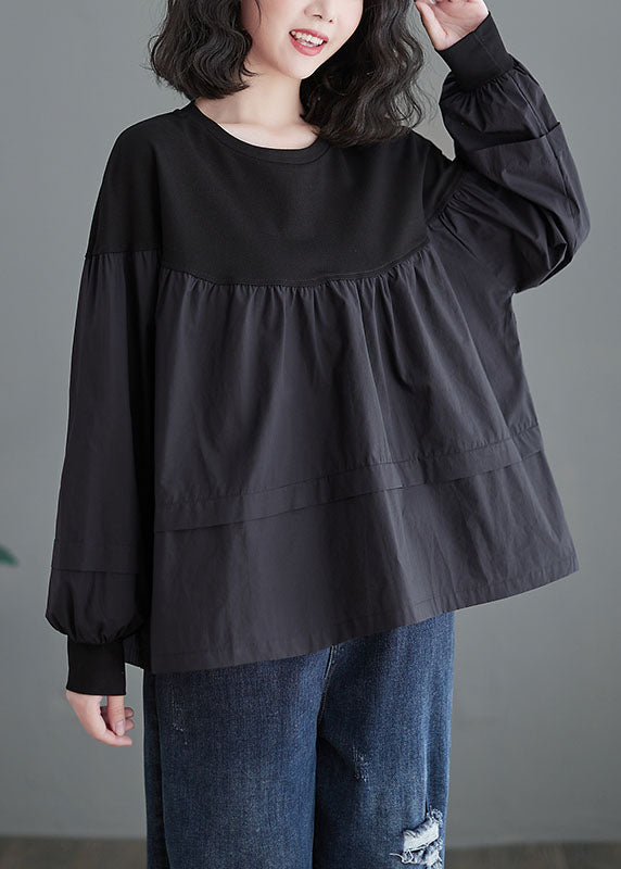 Black O Neck Patchwork Cotton Shirt Tops Spring