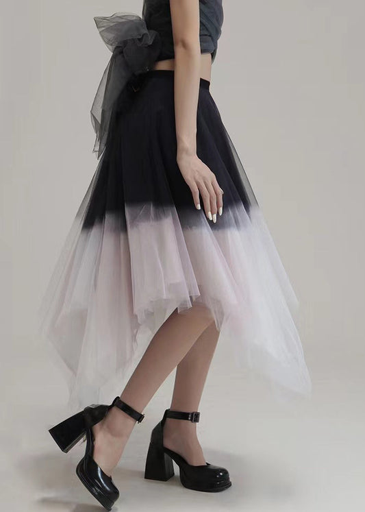 Pink Gradient Color Asymmetrical High Waist Tulle Skirt Summer