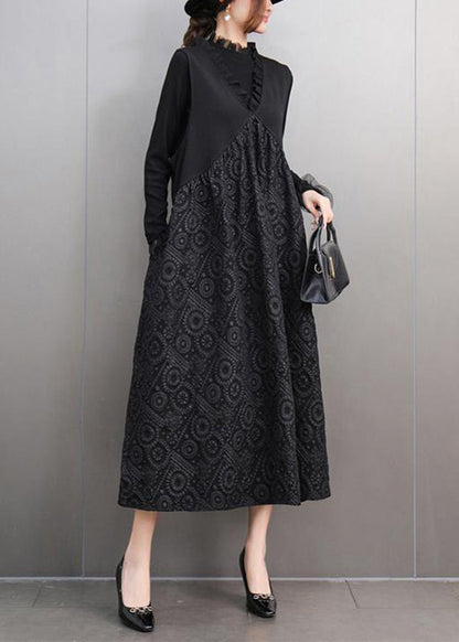 Stylish Black V Neck Print T Shirts and Long Dress Two Pieces Set Spring
