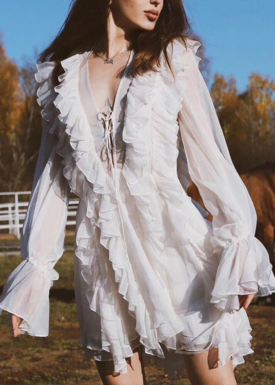 Beige Ruffled Lace Up Chiffon Mini Dresses Flare Sleeve