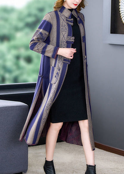Grey Striped Side Open Button Patchwork Woolen Coats Fall