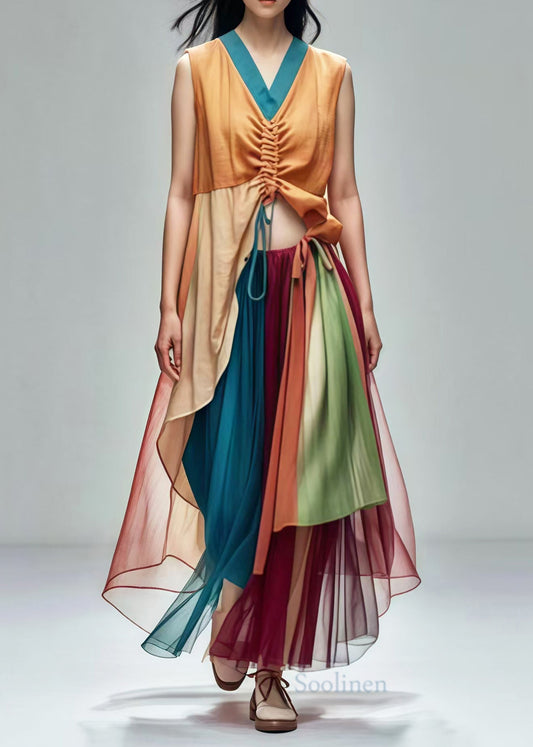 Unique Khaki Cinched Patchwork Cotton Tops and Tulle Skirts Two-piece Set Summer