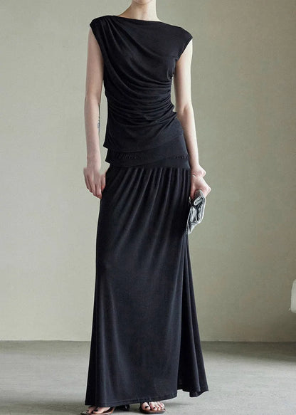 Handmade Grey Slash Neck Vest and Maxi Skirts Cotton Two Piece Set Sleeveless
