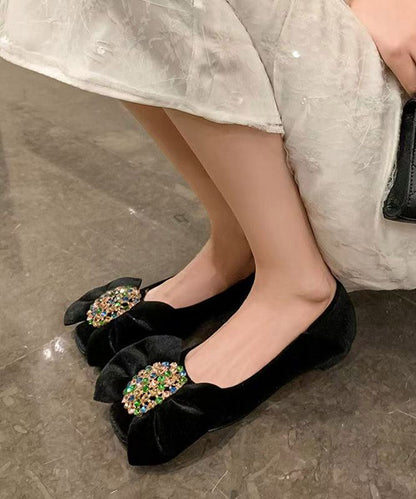 Blue Flat Feet Shoes Velour Splicing Bow Zircon