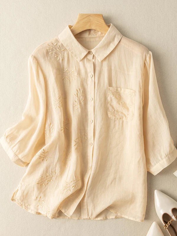 Embroidered 3/4 Sleeve Linen Shirt Top With a Patch Pocket