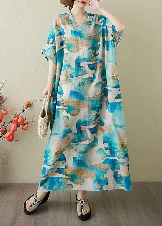 Blue Oversized Print Cotton Party Dress Summer