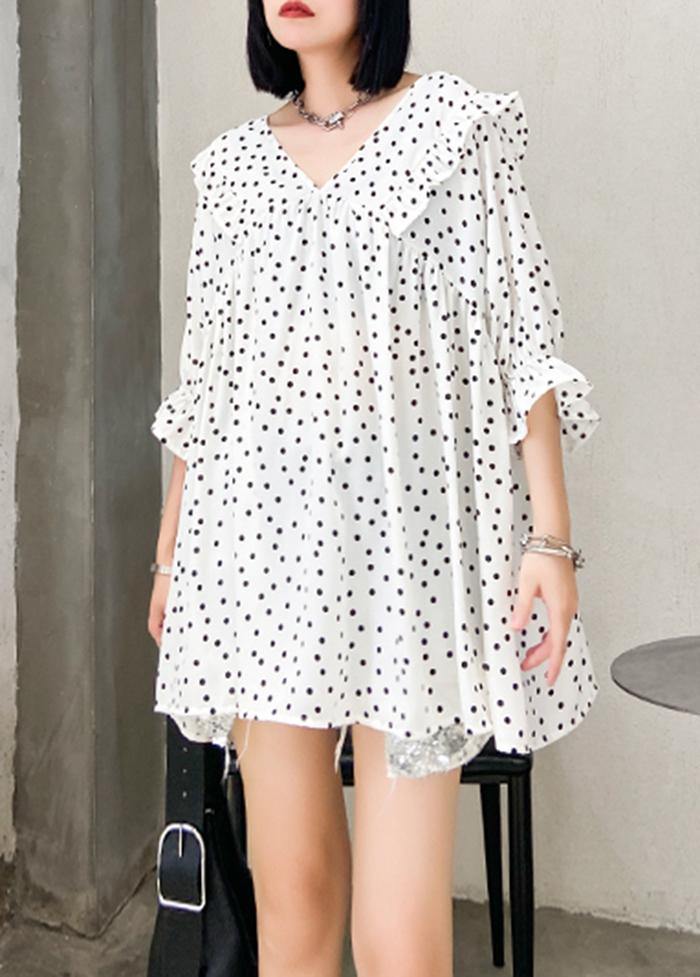 Beach White Dotted Chiffon Clothes Sleeve V Neck Ruffles Love Tops