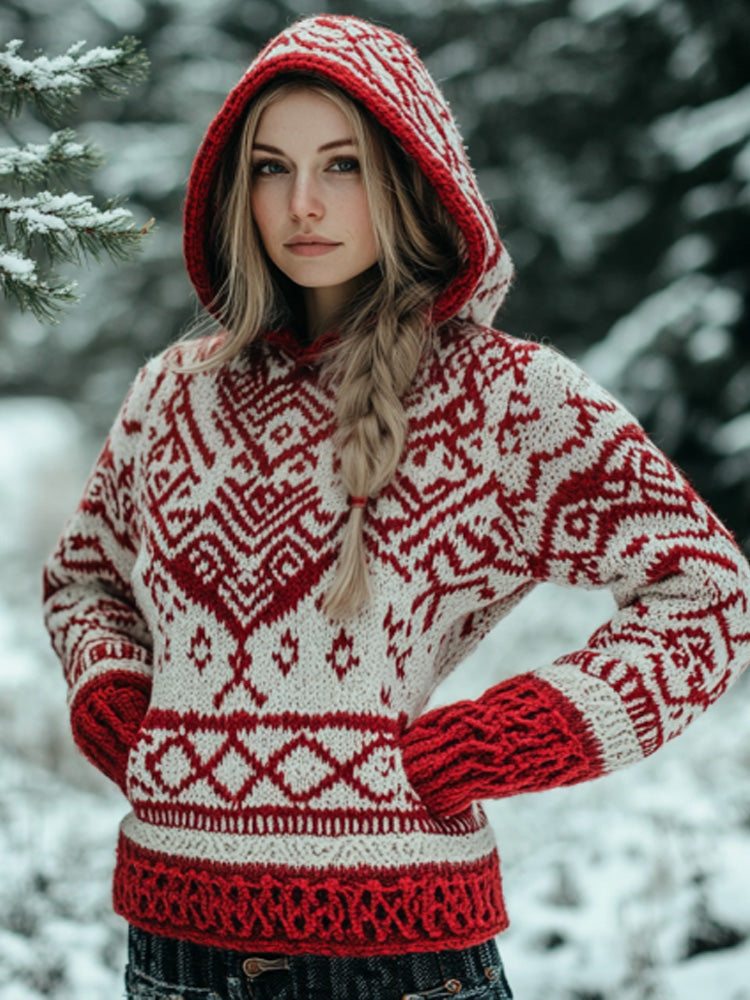 Women's Vintage Viking Valentine's Day Love Jacquard Hooded Sweater elevenforest