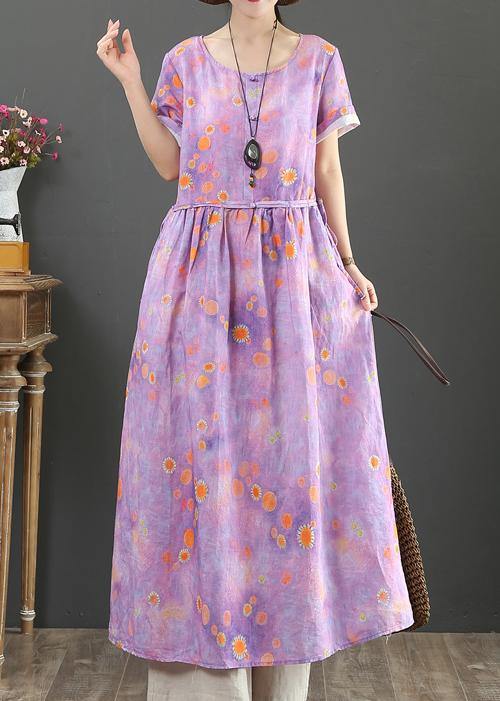 O Neck Drawstring Cotton Linen Summer Clothes Purple Print Dress
