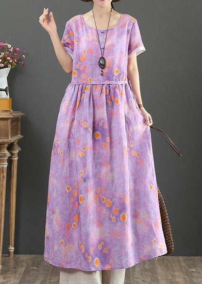 O Neck Drawstring Cotton Linen Summer Clothes Purple Print Dress