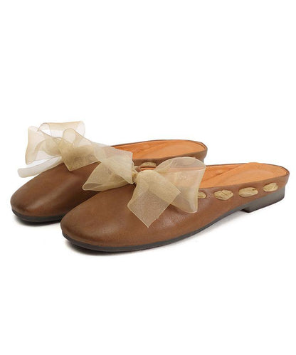 Lace Up Flat Shoes Brown Cowhide Leather Slippers