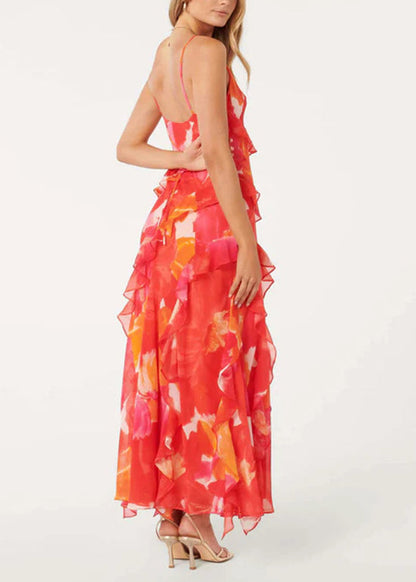 Red V Neck Ruffled Print Chiffon Spaghetti Strap Dress Sleeveless