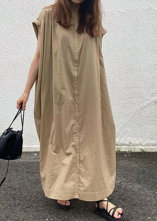 Diy Khaki Button Cotton Shirts Dresses Short Sleeve