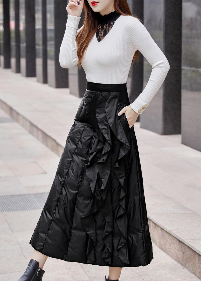 Organic Black Ruffled Thick Fine Cotton Filled Skirts Winter