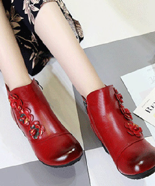 Simple Splicing Cowhide Leather Boots Red Chunky Heel