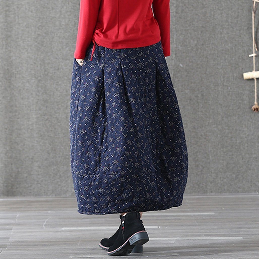 Winter Retro Linen Printed Quilted Skirt