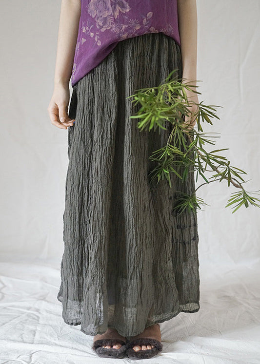 Modern Black Grey Elastic Waist Wrinkled Asymmetrical Linen Skirt Spring