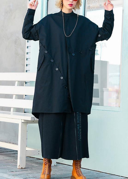Boutique Medium Length Stand Collar Coats Black Asymmetric Coats