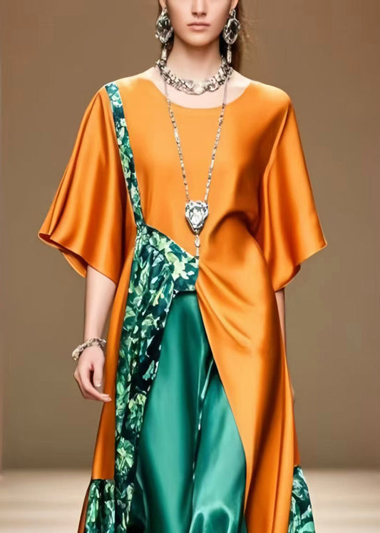 Unique Caramel Asymmetrical Patchwork Silk Long Dress Summer