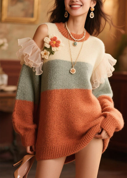 Italian Cold Shoulder Ruffled Knit Sweater Fall