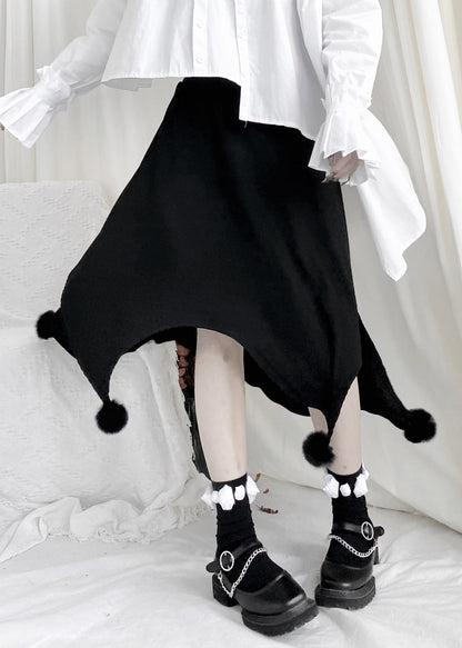 Black Fuzzy Ball Decorated Asymmetrical Skirts