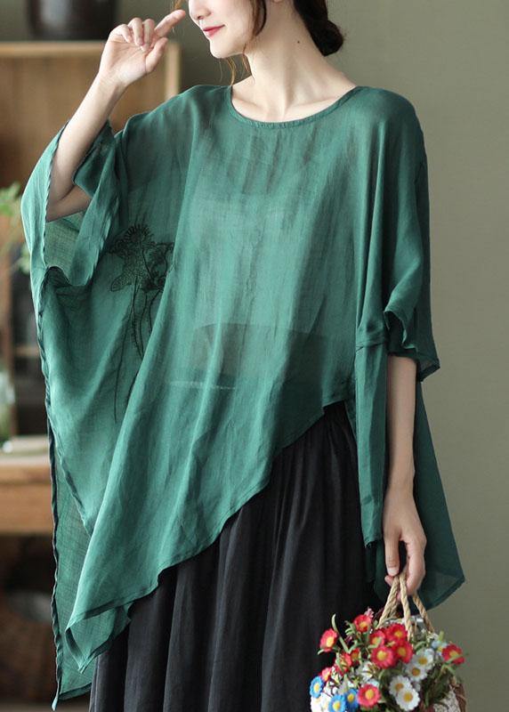 Art Black Asymmetrical Design Embroidered Summer Ramie Shirt Tops
