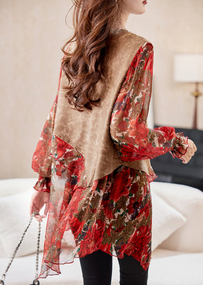 Fitted Red V Neck Print False Two Pieces Chiffon Shirts Spring