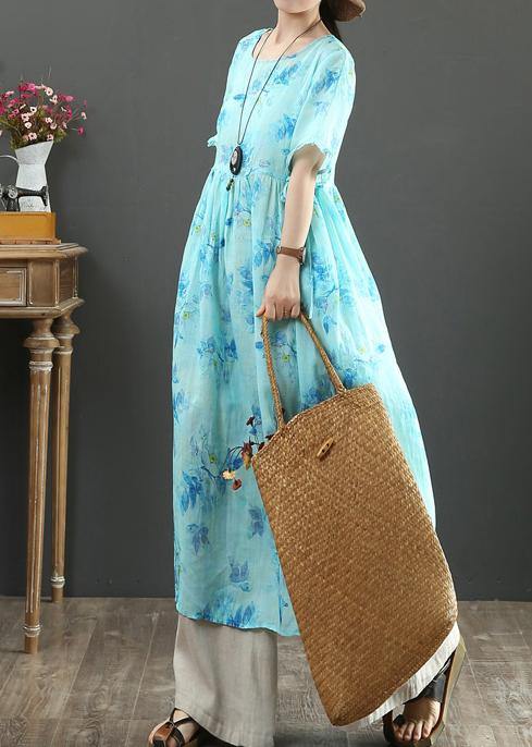 100% O Neck Cinched Linen Summer Dresses Design Blue Print Dresses