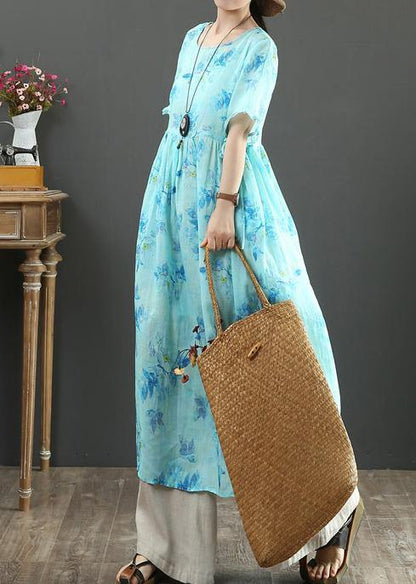 100% O Neck Cinched Linen Summer Dresses Design Blue Print Dresses