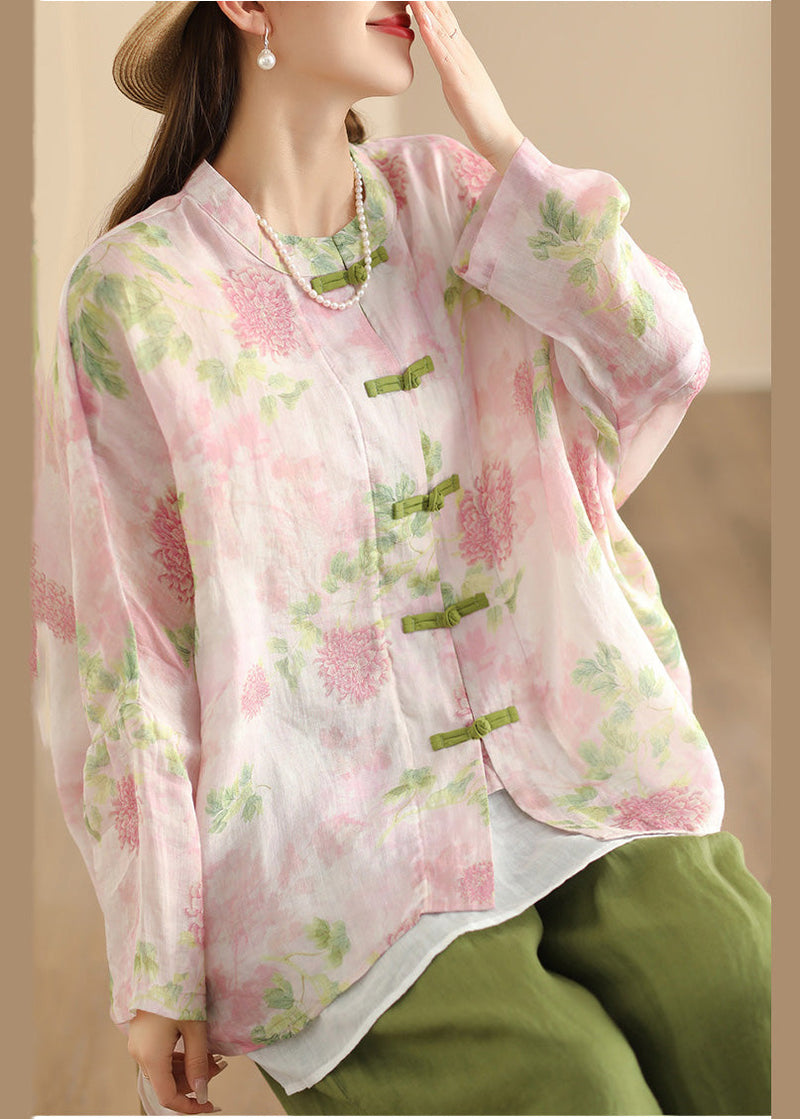 Pink Oversized Print Linen Oriental Shirt Top Summer
