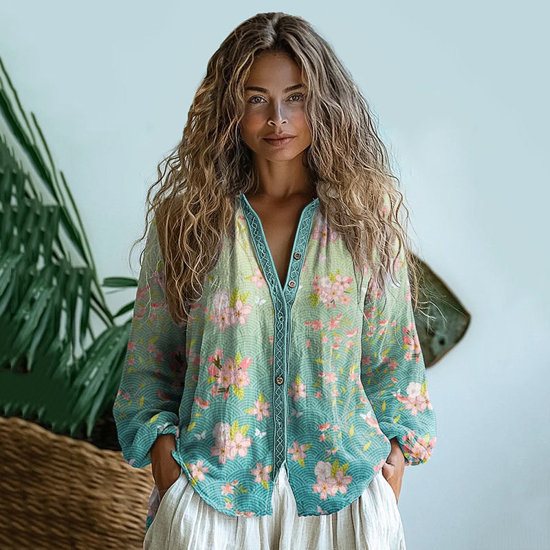 Bohemian Style Linen Sakura Blossom Waves Art Print Long Sleeve Shirt elevenforest